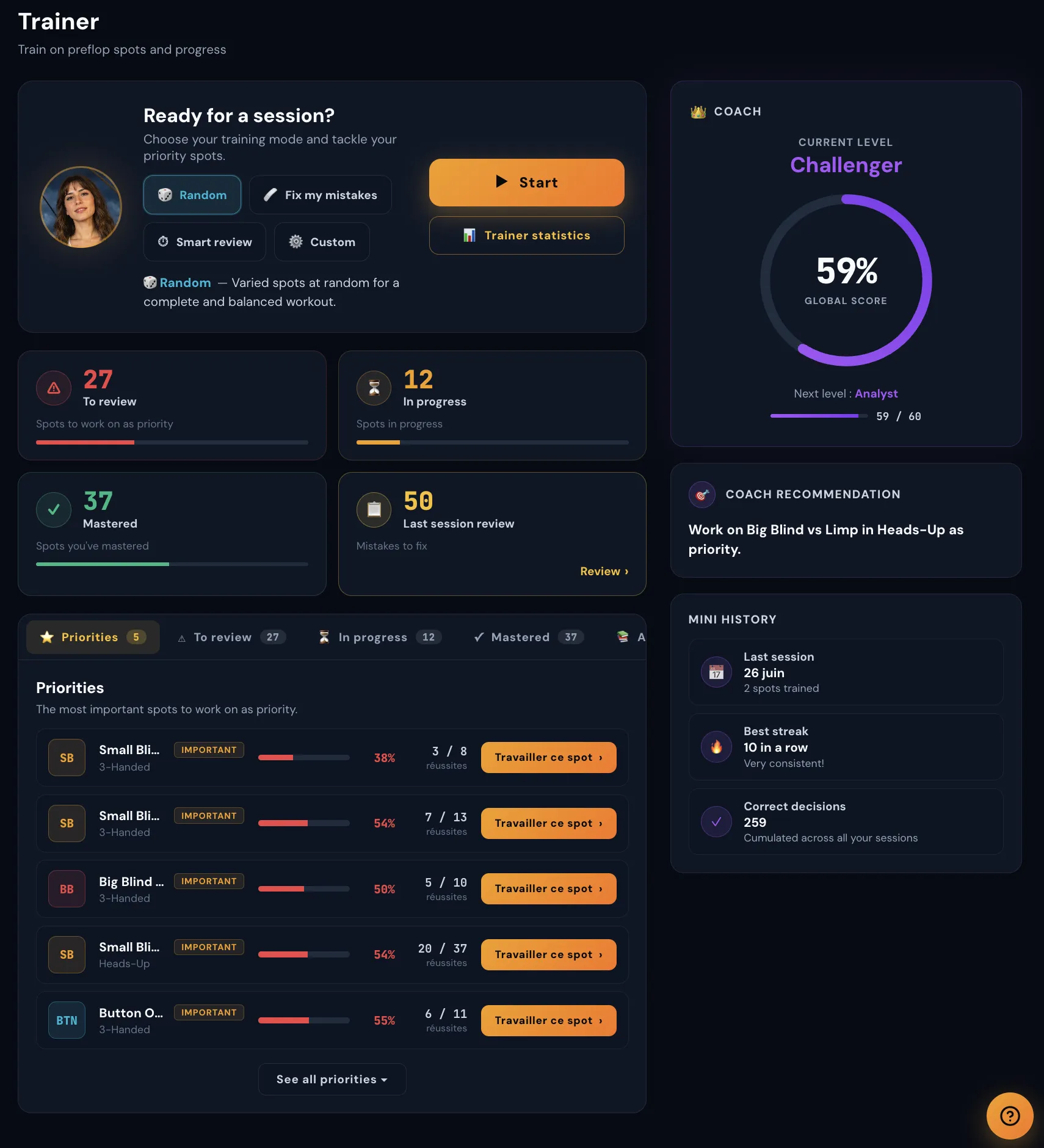 Trainer dashboard: modes, coach and priorities